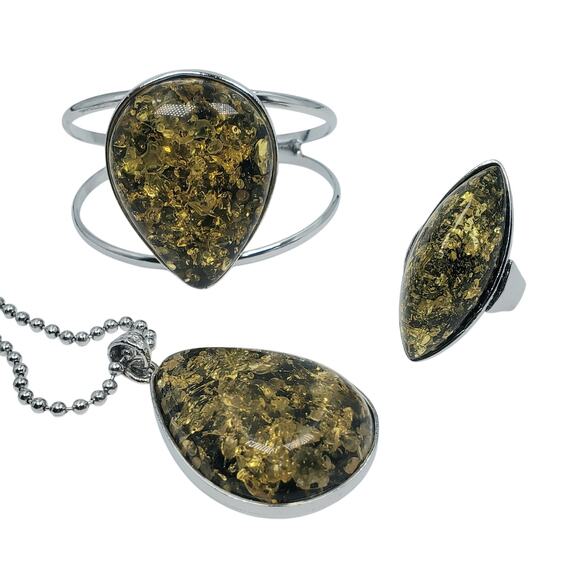 Vintage Baltic Amber Huge Chunky Boho Necklace, Bracelet, and Ring Set NOS - Picture 1 of 9